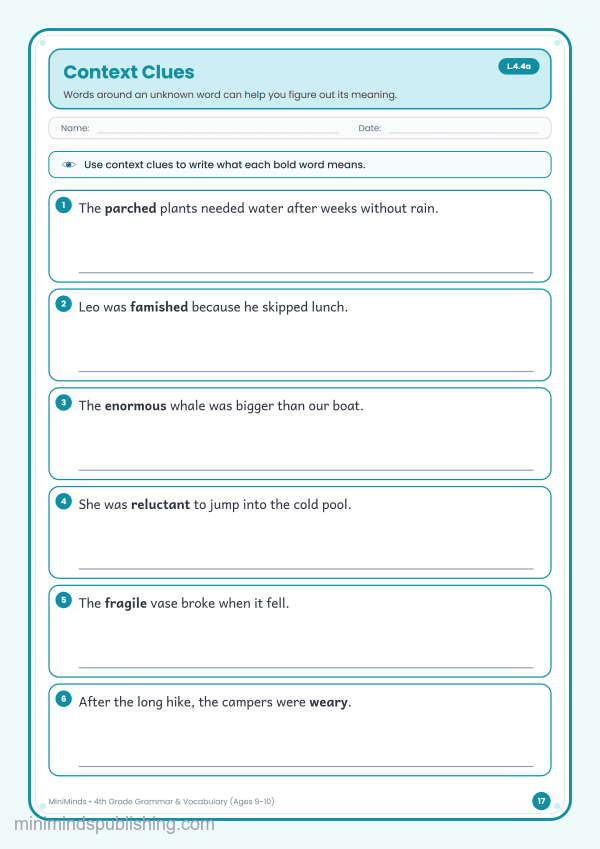 Context Clues — free printable 4th Grade grammar & vocabulary worksheet for ages 9-10 (Common Core L.4.4a)