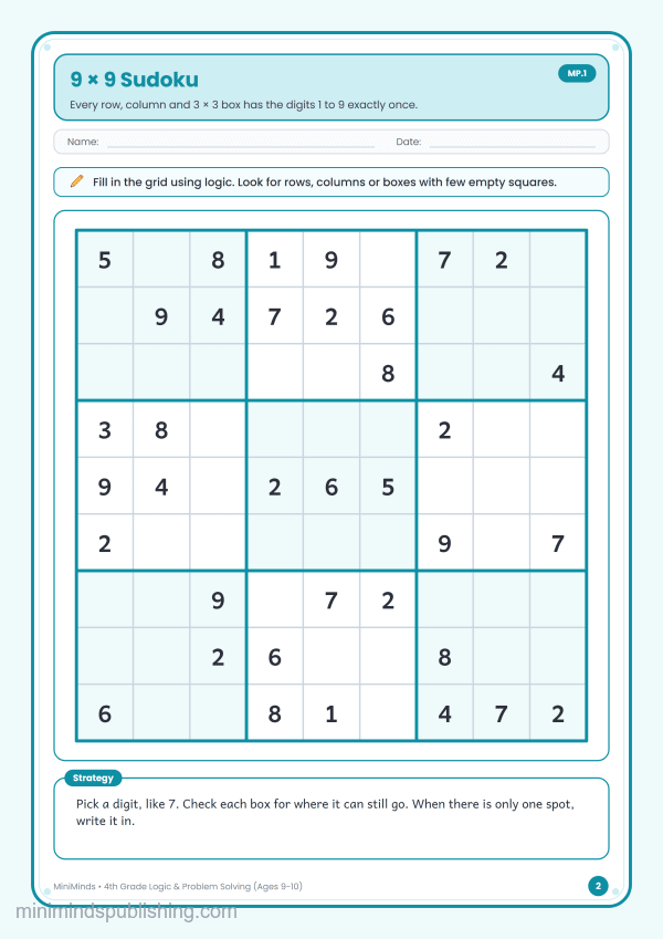 9 × 9 Sudoku — free printable 4th Grade logic & problem solving worksheet for ages 9-10 (Common Core MP.1)
