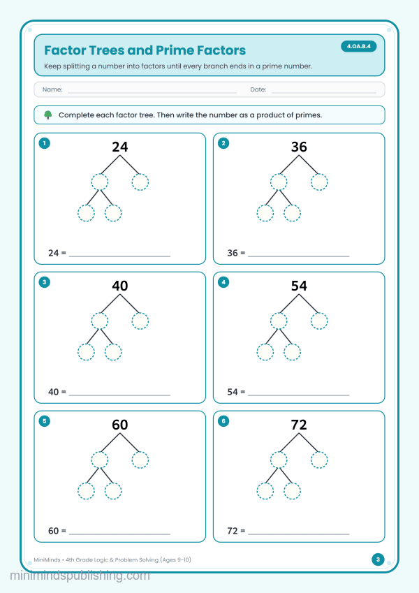 Factor Trees and Prime Factors — free printable 4th Grade logic & problem solving worksheet for ages 9-10 (Common Core 4.OA.B.4)