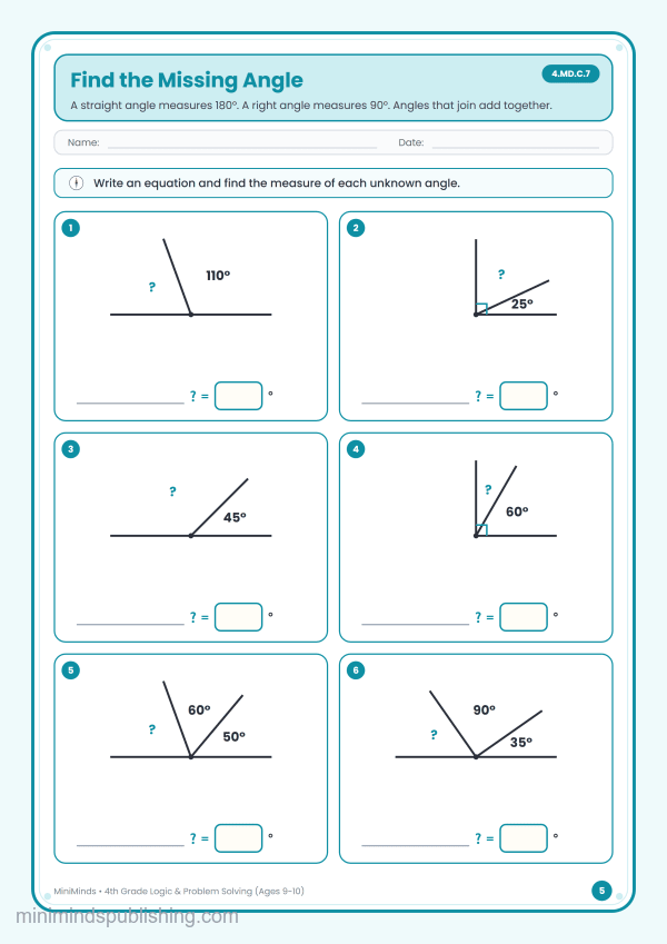 Find the Missing Angle — free printable 4th Grade logic & problem solving worksheet for ages 9-10 (Common Core 4.MD.C.7)