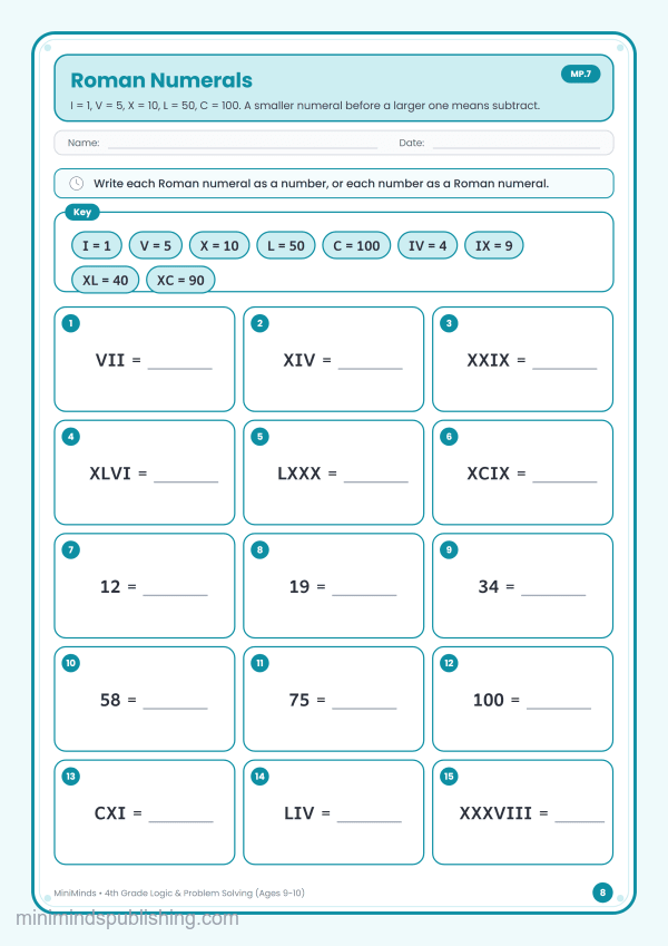 Roman Numerals — free printable 4th Grade logic & problem solving worksheet for ages 9-10 (Common Core MP.7)