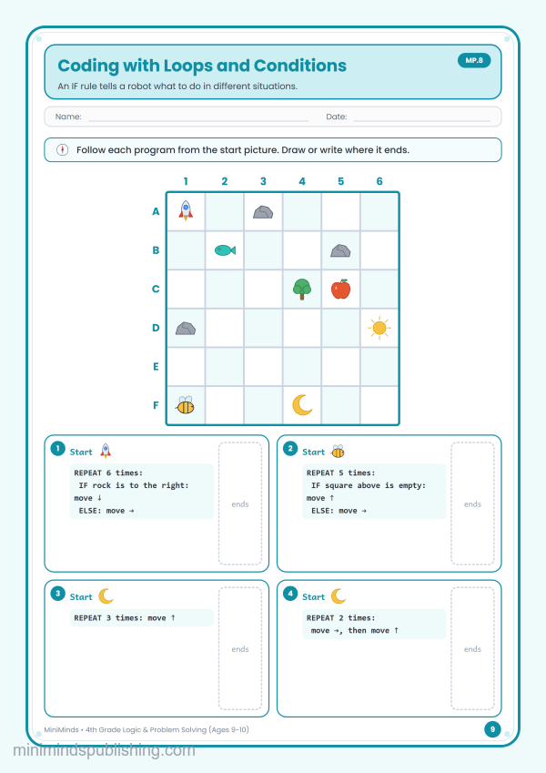 Coding with Loops and Conditions — free printable 4th Grade logic & problem solving worksheet for ages 9-10 (Common Core MP.8)