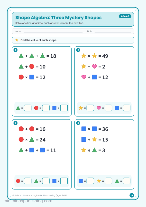 Shape Algebra: Three Mystery Shapes — free printable 4th Grade logic & problem solving worksheet for ages 9-10 (Common Core 4.OA.A.3)