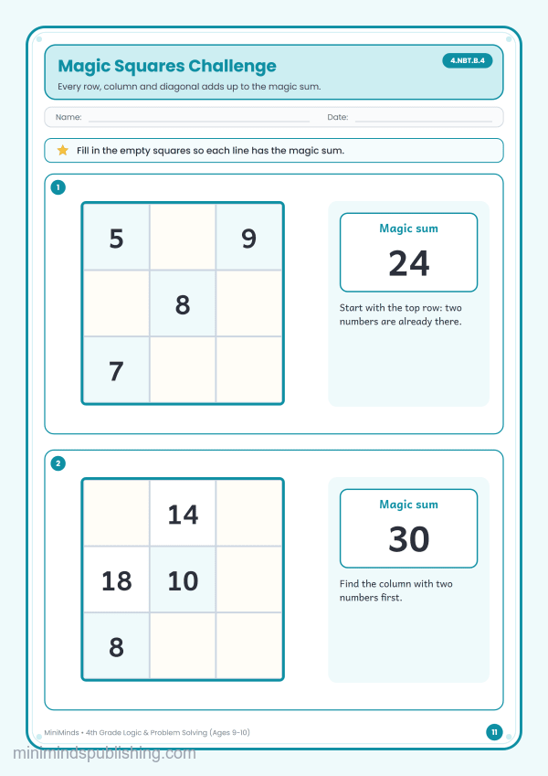 Magic Squares Challenge — free printable 4th Grade logic & problem solving worksheet for ages 9-10 (Common Core 4.NBT.B.4)