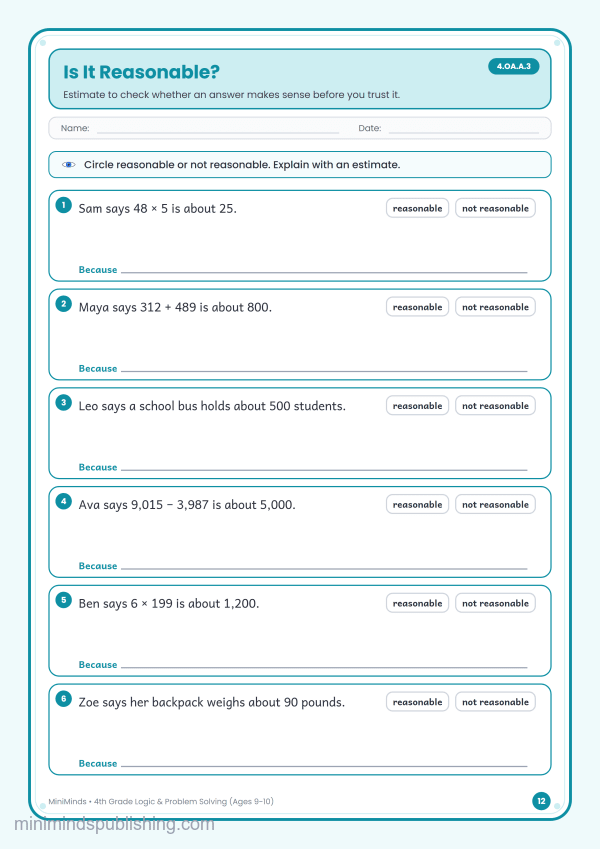 Is It Reasonable? — free printable 4th Grade logic & problem solving worksheet for ages 9-10 (Common Core 4.OA.A.3)