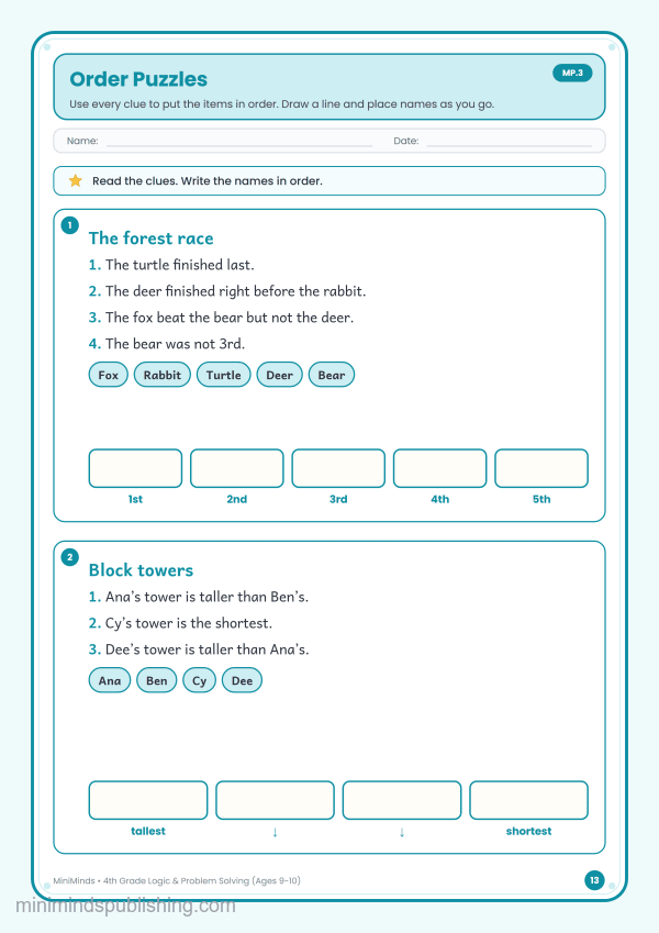 Order Puzzles — free printable 4th Grade logic & problem solving worksheet for ages 9-10 (Common Core MP.3)