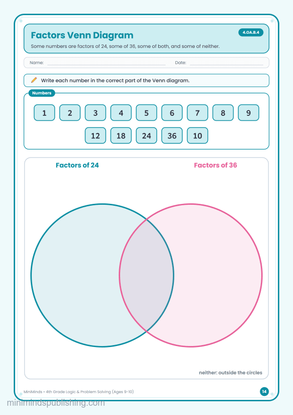 Factors Venn Diagram — free printable 4th Grade logic & problem solving worksheet for ages 9-10 (Common Core 4.OA.B.4)