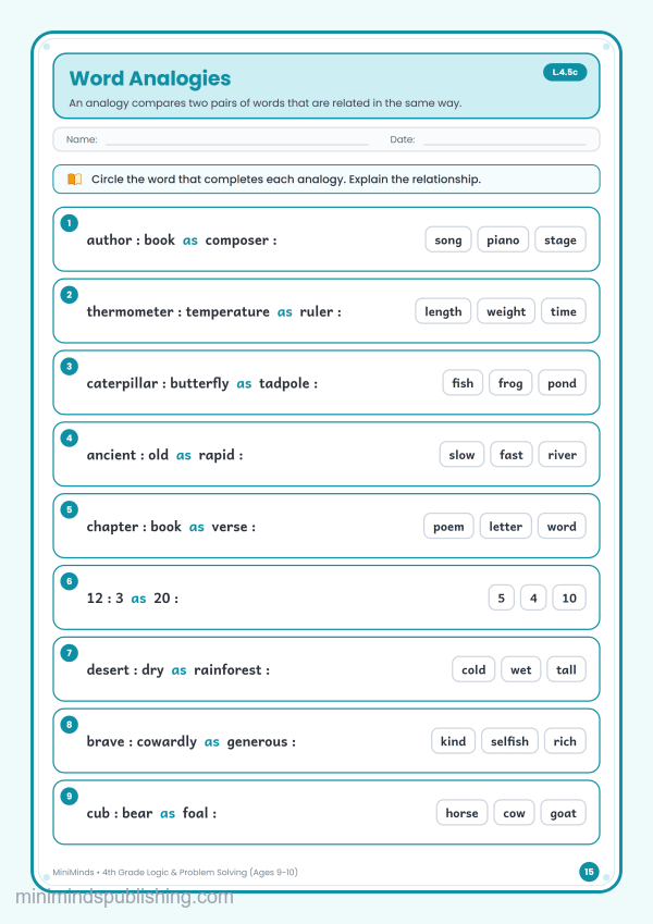 Word Analogies — free printable 4th Grade logic & problem solving worksheet for ages 9-10 (Common Core L.4.5c)