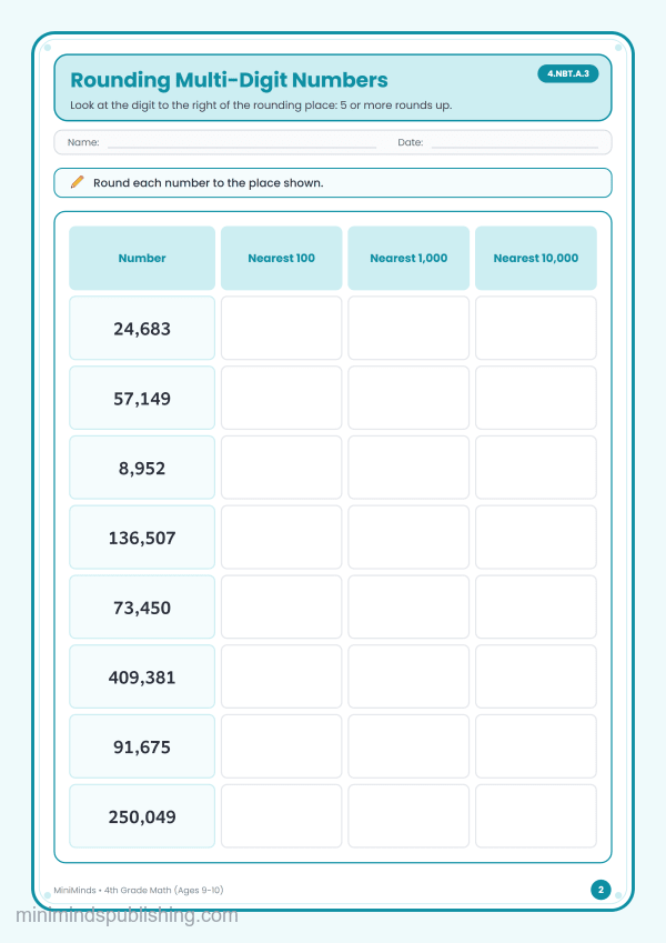 Rounding Multi-Digit Numbers — free printable 4th Grade math worksheet for ages 9-10 (Common Core 4.NBT.A.3)