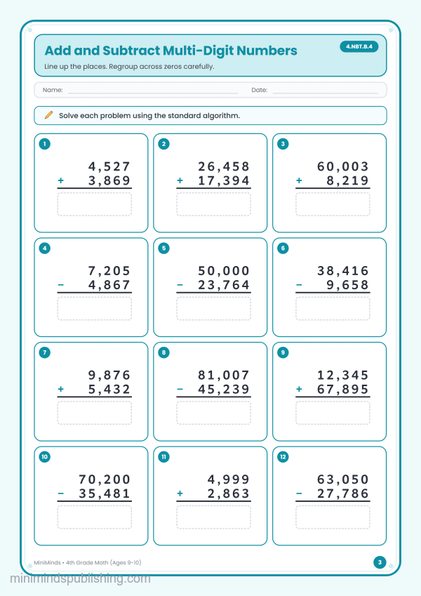 Add and Subtract Multi-Digit Numbers — free printable 4th Grade math worksheet for ages 9-10 (Common Core 4.NBT.B.4)