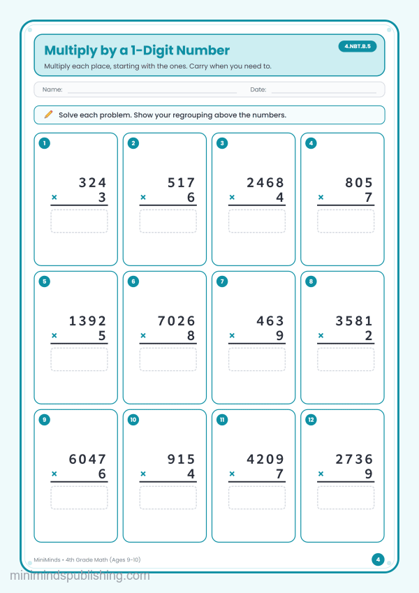 Multiply by a 1-Digit Number — free printable 4th Grade math worksheet for ages 9-10 (Common Core 4.NBT.B.5)