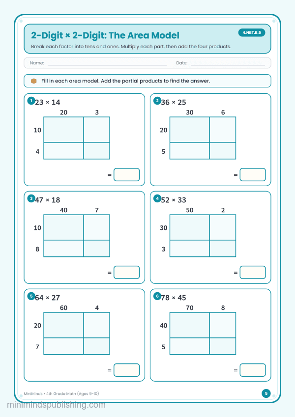 2-Digit × 2-Digit: The Area Model — free printable 4th Grade math worksheet for ages 9-10 (Common Core 4.NBT.B.5)