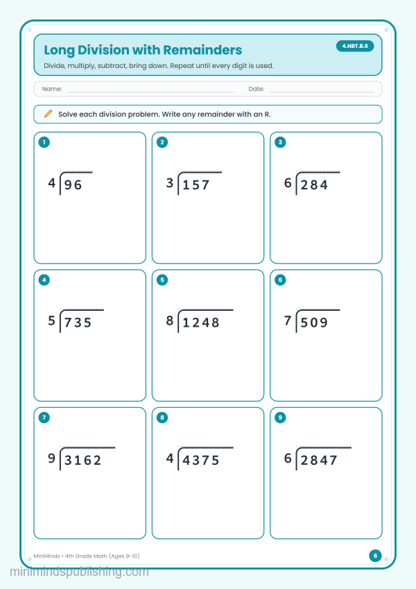 Long Division with Remainders — free printable 4th Grade math worksheet for ages 9-10 (Common Core 4.NBT.B.6)
