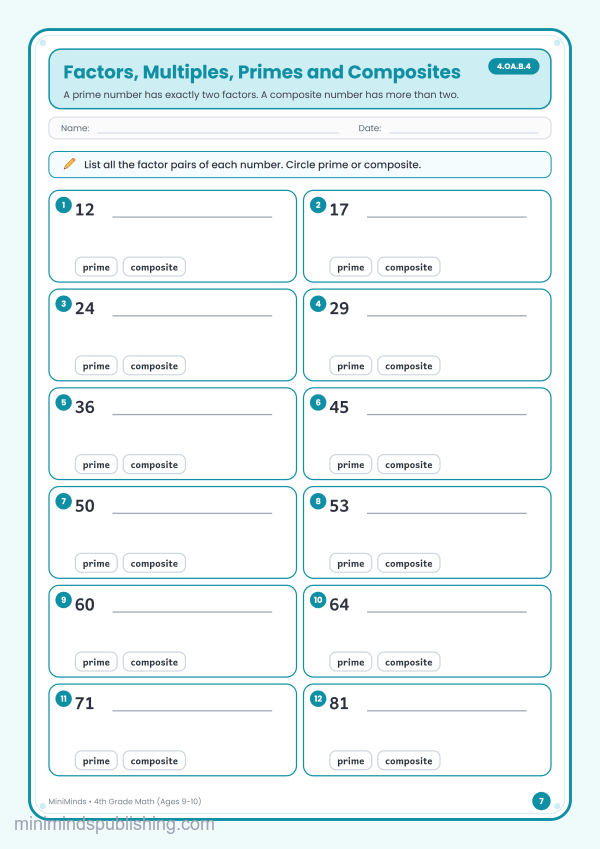 Factors, Multiples, Primes and Composites — free printable 4th Grade math worksheet for ages 9-10 (Common Core 4.OA.B.4)
