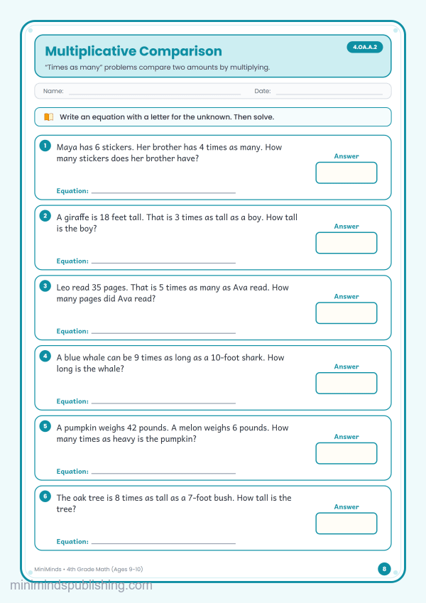 Multiplicative Comparison — free printable 4th Grade math worksheet for ages 9-10 (Common Core 4.OA.A.2)