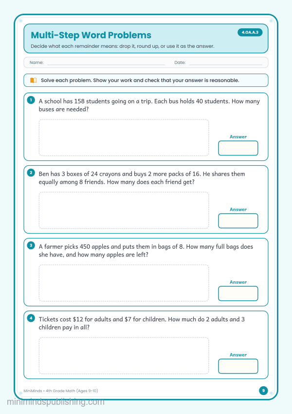 Multi-Step Word Problems — free printable 4th Grade math worksheet for ages 9-10 (Common Core 4.OA.A.3)
