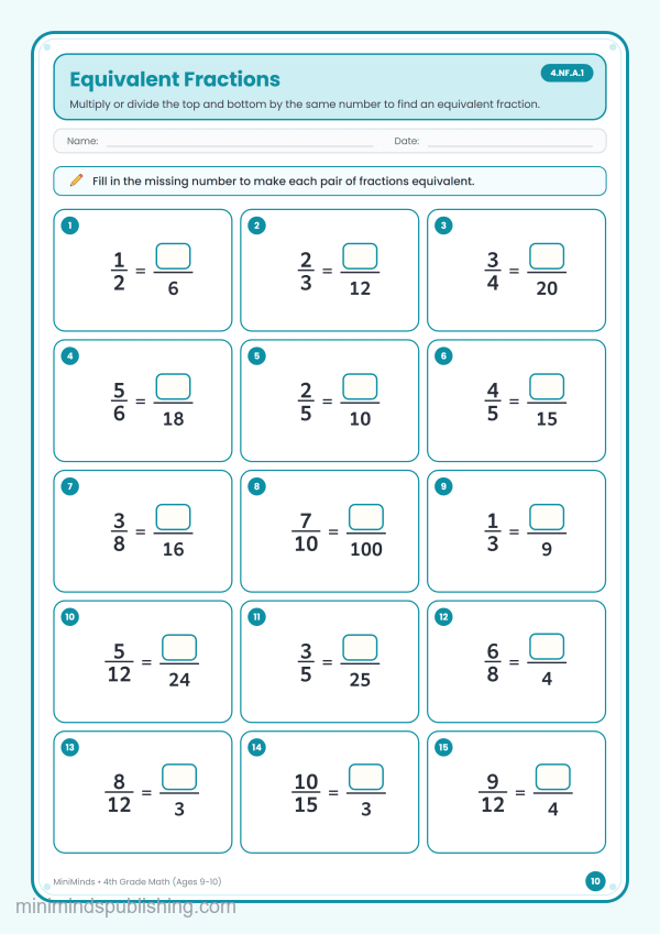 Equivalent Fractions — free printable 4th Grade math worksheet for ages 9-10 (Common Core 4.NF.A.1)