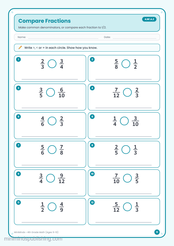 Compare Fractions — free printable 4th Grade math worksheet for ages 9-10 (Common Core 4.NF.A.2)