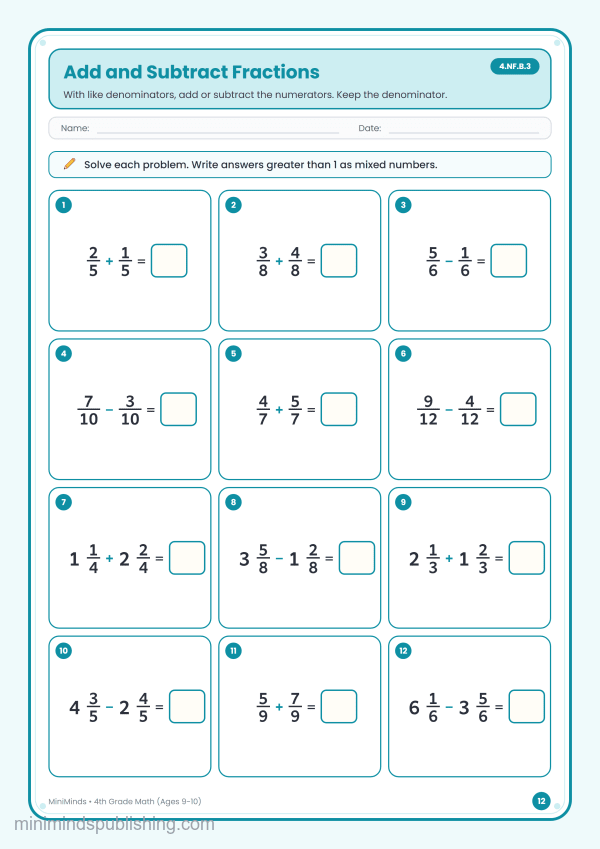 Add and Subtract Fractions — free printable 4th Grade math worksheet for ages 9-10 (Common Core 4.NF.B.3)