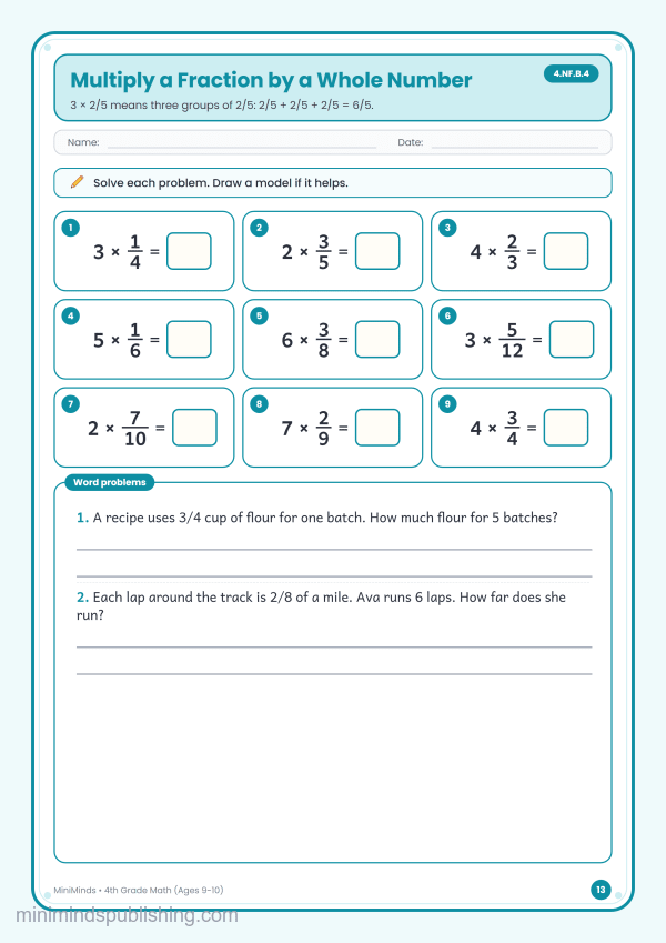 Multiply a Fraction by a Whole Number — free printable 4th Grade math worksheet for ages 9-10 (Common Core 4.NF.B.4)