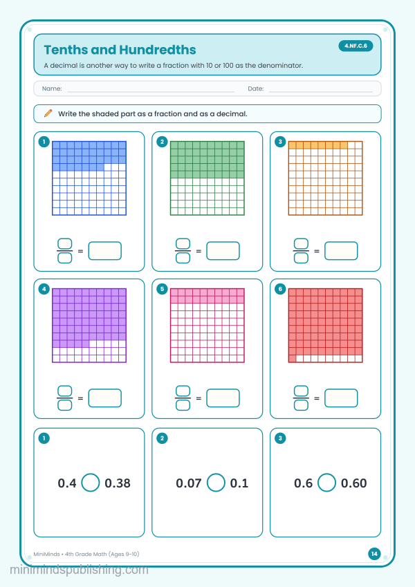 Tenths and Hundredths — free printable 4th Grade math worksheet for ages 9-10 (Common Core 4.NF.C.6)