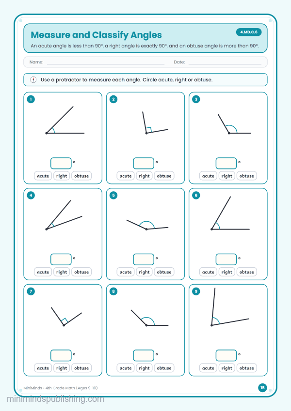 Measure and Classify Angles — free printable 4th Grade math worksheet for ages 9-10 (Common Core 4.MD.C.6)
