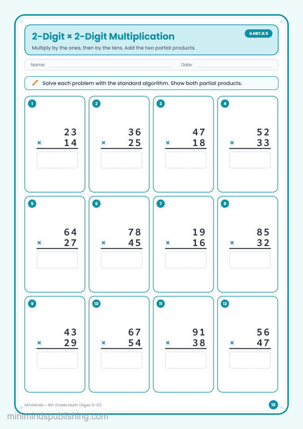 2-Digit × 2-Digit Multiplication — free printable 4th Grade math worksheet for ages 9-10 (Common Core 4.NBT.B.5)