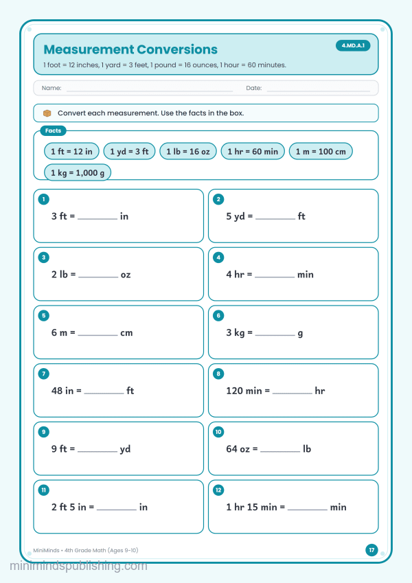 Measurement Conversions — free printable 4th Grade math worksheet for ages 9-10 (Common Core 4.MD.A.1)