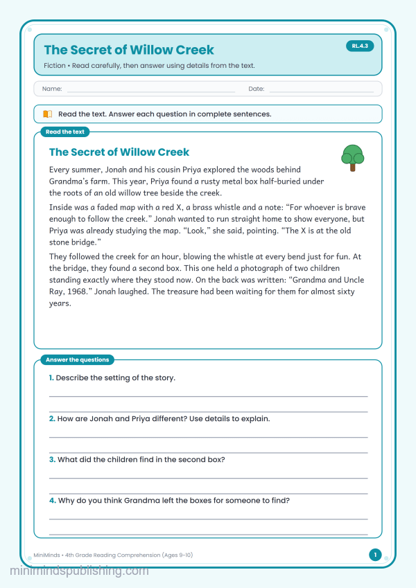 The Secret of Willow Creek — free printable 4th Grade reading comprehension worksheet for ages 9-10 (Common Core RL.4.3)