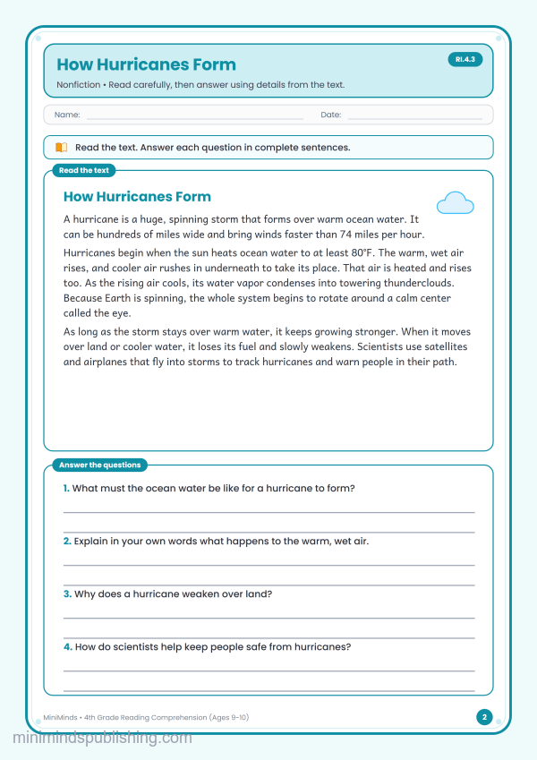 How Hurricanes Form — free printable 4th Grade reading comprehension worksheet for ages 9-10 (Common Core RI.4.3)
