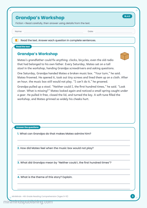 Grandpa’s Workshop — free printable 4th Grade reading comprehension worksheet for ages 9-10 (Common Core RL.4.2)