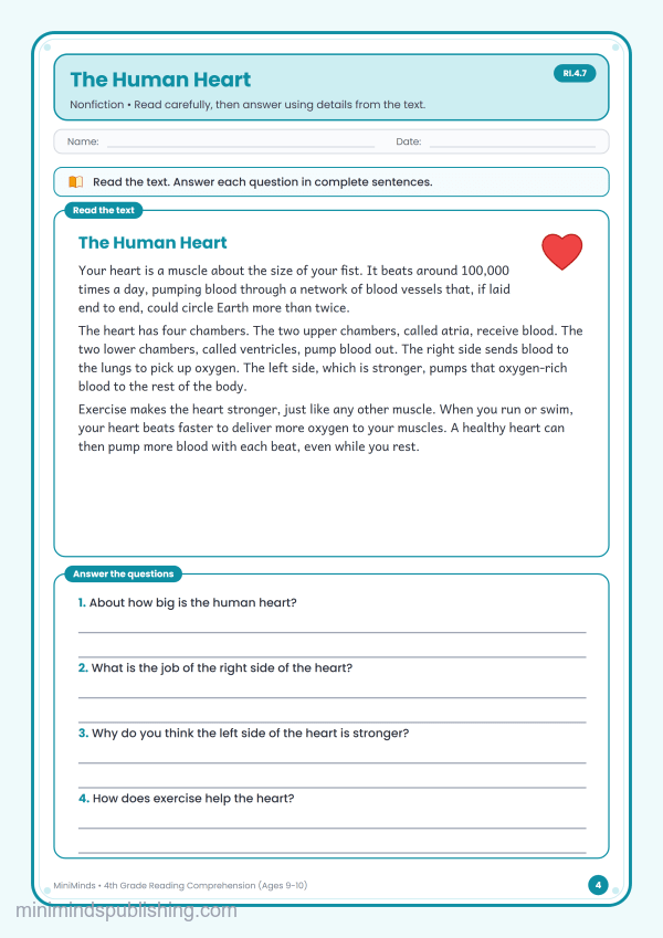 The Human Heart — free printable 4th Grade reading comprehension worksheet for ages 9-10 (Common Core RI.4.7)