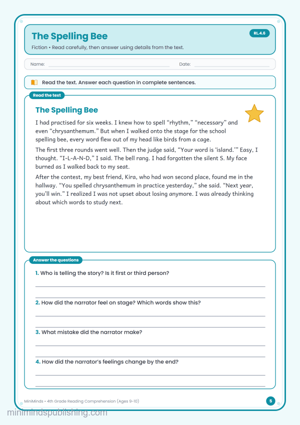 The Spelling Bee — free printable 4th Grade reading comprehension worksheet for ages 9-10 (Common Core RL.4.6)