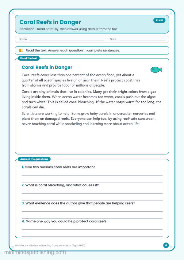 Coral Reefs in Danger — free printable 4th Grade reading comprehension worksheet for ages 9-10 (Common Core RI.4.8)