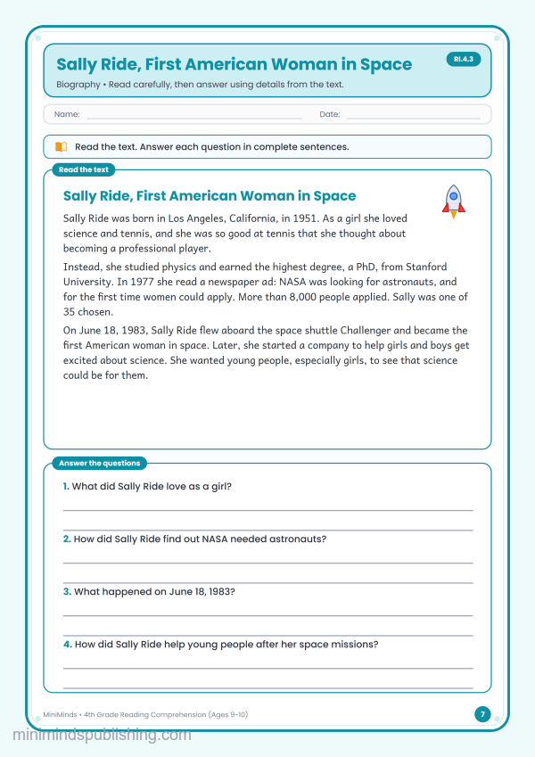 Sally Ride, First American Woman in Space — free printable 4th Grade reading comprehension worksheet for ages 9-10 (Common Core RI.4.3)