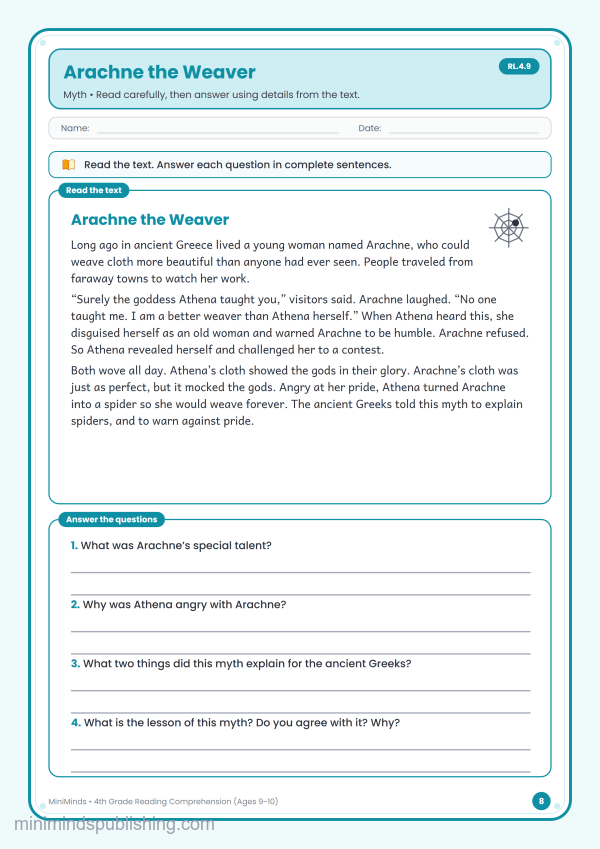 Arachne the Weaver — free printable 4th Grade reading comprehension worksheet for ages 9-10 (Common Core RL.4.9)