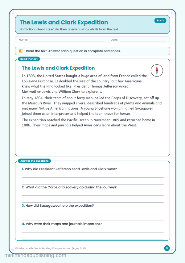 The Lewis and Clark Expedition — free printable 4th Grade reading comprehension worksheet for ages 9-10 (Common Core RI.4.3)