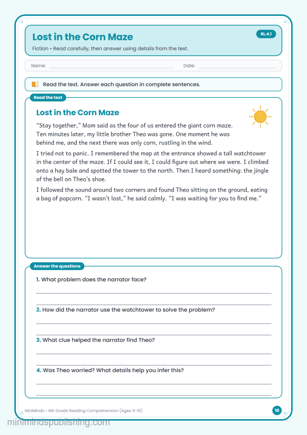 Lost in the Corn Maze — free printable 4th Grade reading comprehension worksheet for ages 9-10 (Common Core RL.4.1)