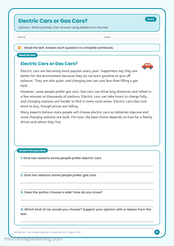 Electric Cars or Gas Cars? — free printable 4th Grade reading comprehension worksheet for ages 9-10 (Common Core RI.4.9)