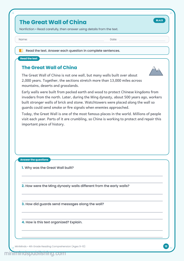The Great Wall of China — free printable 4th Grade reading comprehension worksheet for ages 9-10 (Common Core RI.4.5)