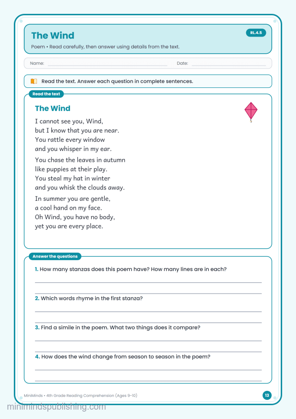 The Wind — free printable 4th Grade reading comprehension worksheet for ages 9-10 (Common Core RL.4.5)