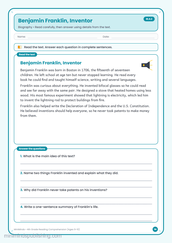 Benjamin Franklin, Inventor — free printable 4th Grade reading comprehension worksheet for ages 9-10 (Common Core RI.4.2)