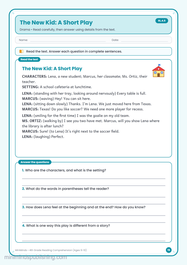 The New Kid: A Short Play — free printable 4th Grade reading comprehension worksheet for ages 9-10 (Common Core RL.4.5)