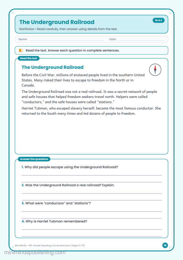 The Underground Railroad — free printable 4th Grade reading comprehension worksheet for ages 9-10 (Common Core RI.4.3)