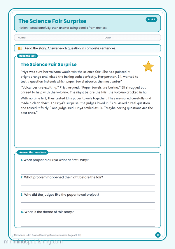 The Science Fair Surprise — free printable 4th Grade reading comprehension worksheet for ages 9-10 (Common Core RL.4.2)