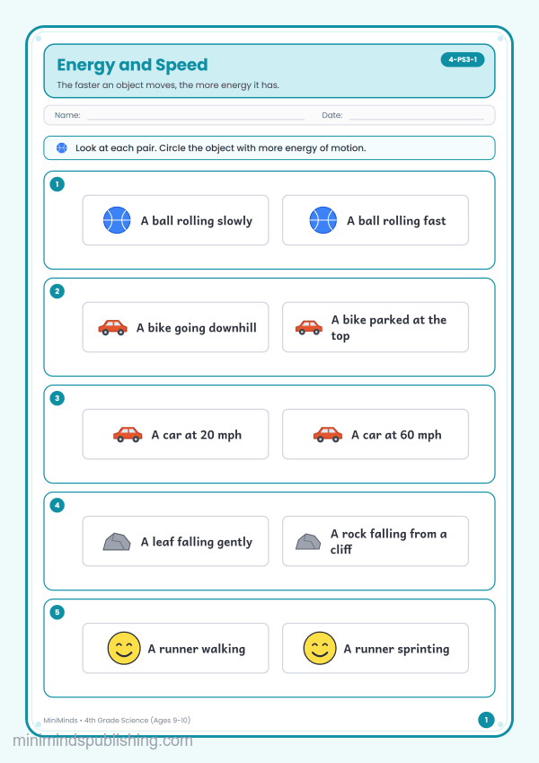 Energy and Speed — free printable 4th Grade science worksheet for ages 9-10 (Common Core 4-PS3-1)