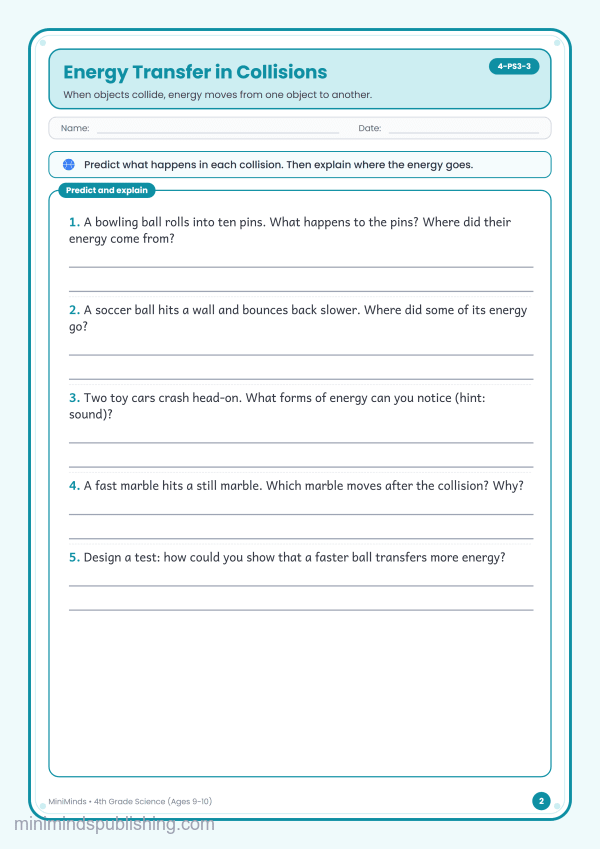 Energy Transfer in Collisions — free printable 4th Grade science worksheet for ages 9-10 (Common Core 4-PS3-3)