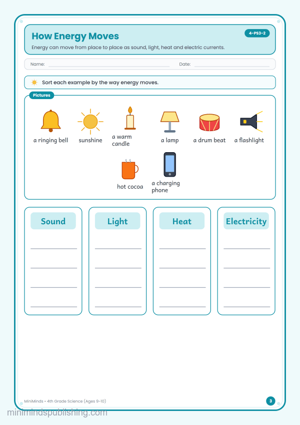 How Energy Moves — free printable 4th Grade science worksheet for ages 9-10 (Common Core 4-PS3-2)