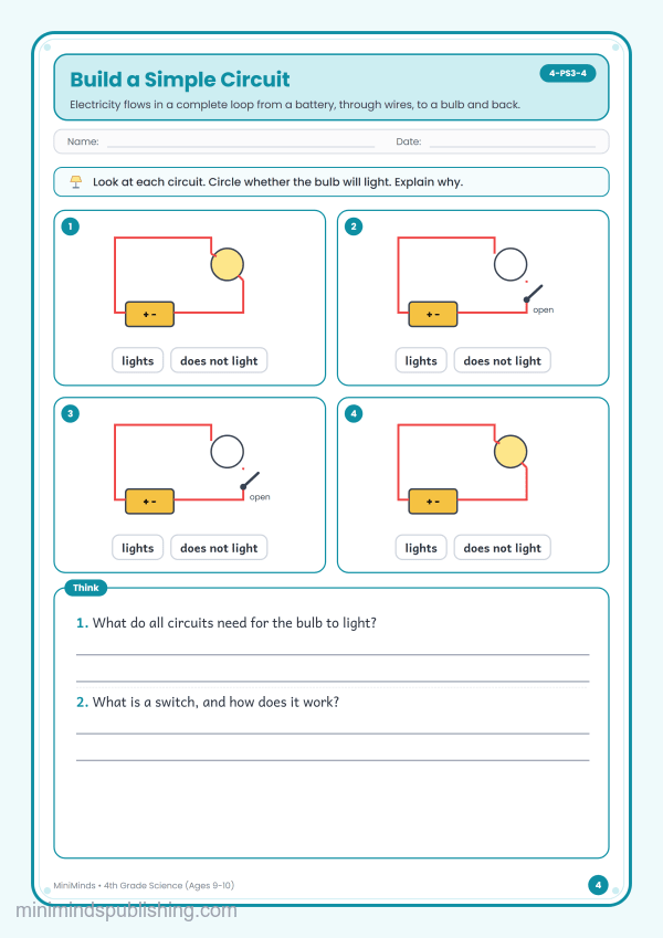 Build a Simple Circuit — free printable 4th Grade science worksheet for ages 9-10 (Common Core 4-PS3-4)