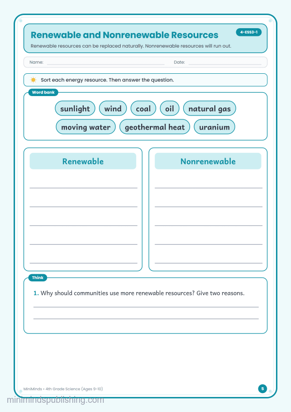 Renewable and Nonrenewable Resources — free printable 4th Grade science worksheet for ages 9-10 (Common Core 4-ESS3-1)